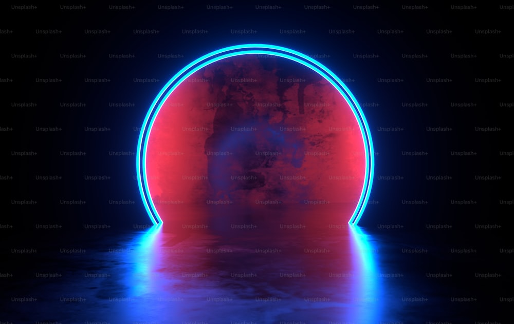 Salle en béton de science-fiction futuriste avec néon rougeoyant. Portail de réalité virtuelle, couleurs vibrantes, source d’énergie laser. Néons bleus