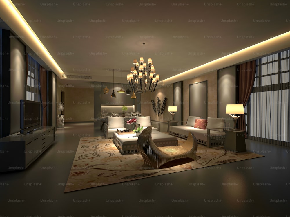 Renderização 3D da sala de estar em casa de estilo clássico