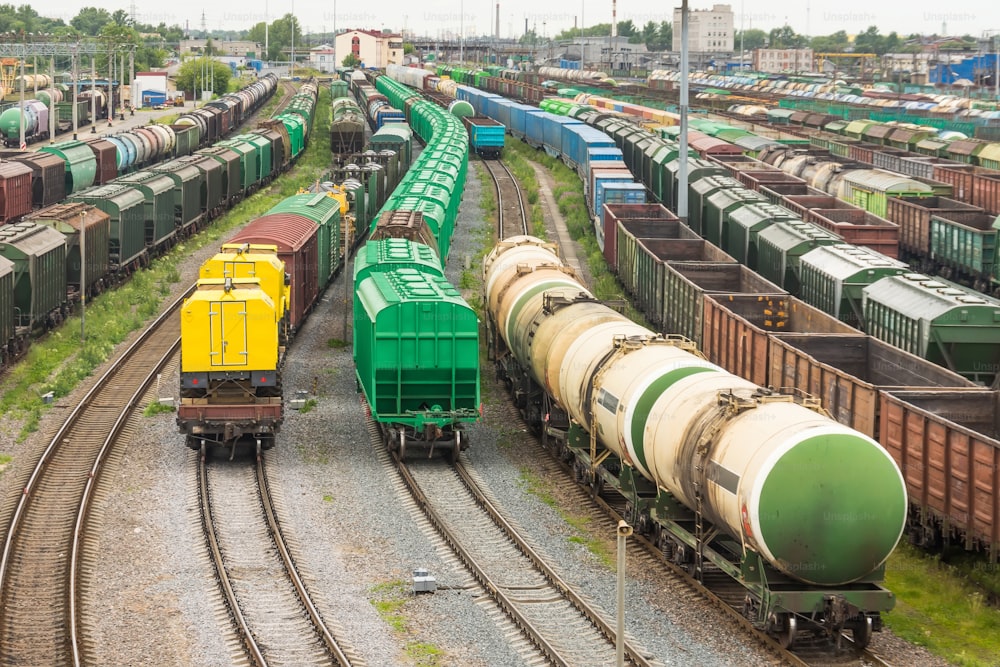 Sorting freight railway station in the city wagons for trains with different cargo