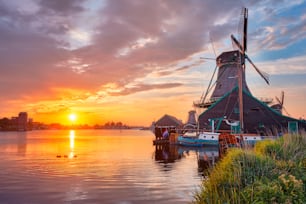 Netherlands rural scene - - windmills at famous tourist site Zaanse Schans in Holland on sunset with dramatic sky. Zaandam, Netherlands