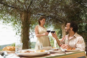 Un uomo e una donna che tostano bicchieri di vino a un tavolo da pranzo