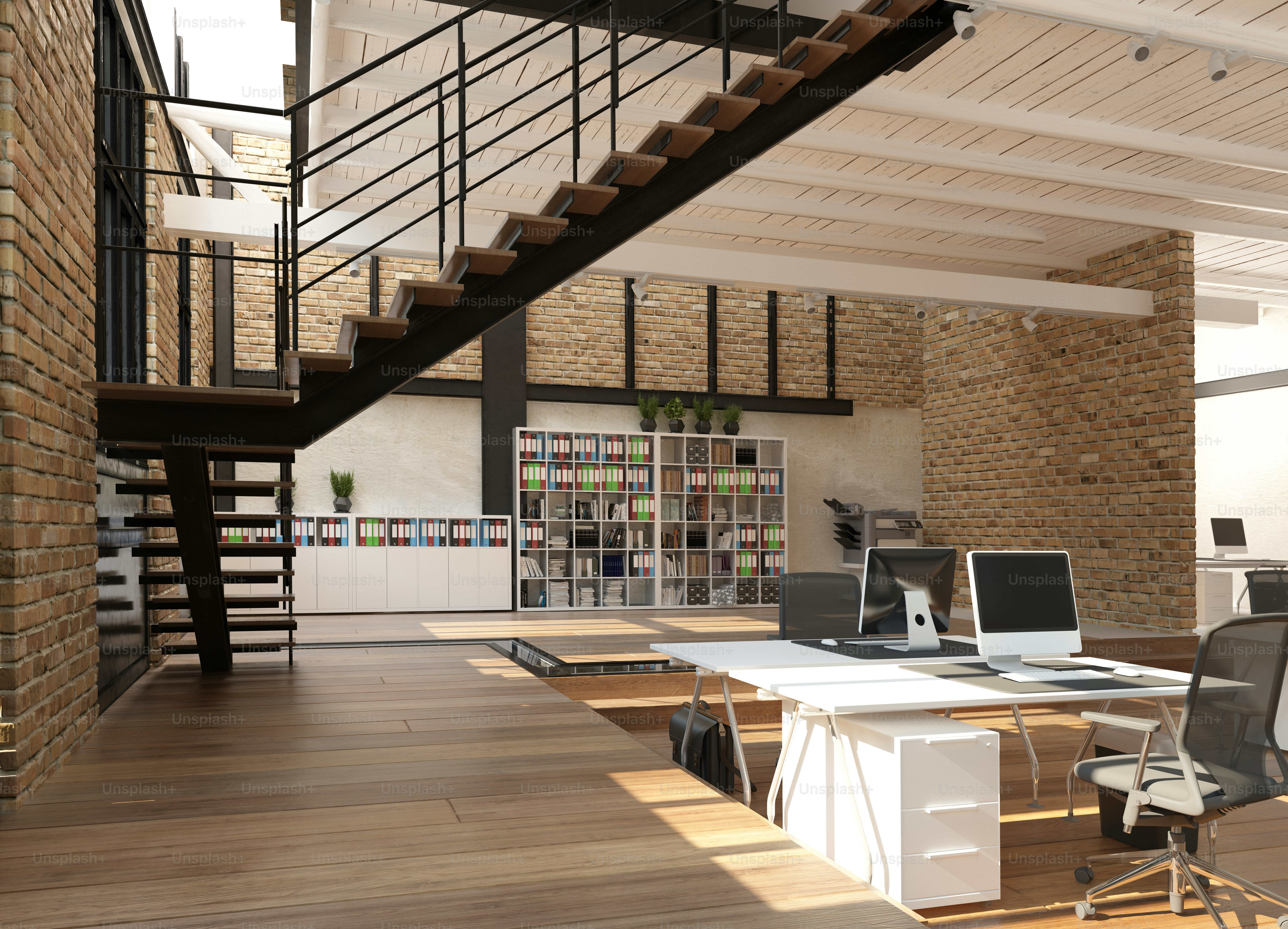 Interior de oficina contemporáneo. Concepto de diseño de renderizado 3D