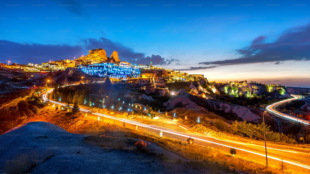 Uchisar Castle at night in Cappadocia, Turkey.