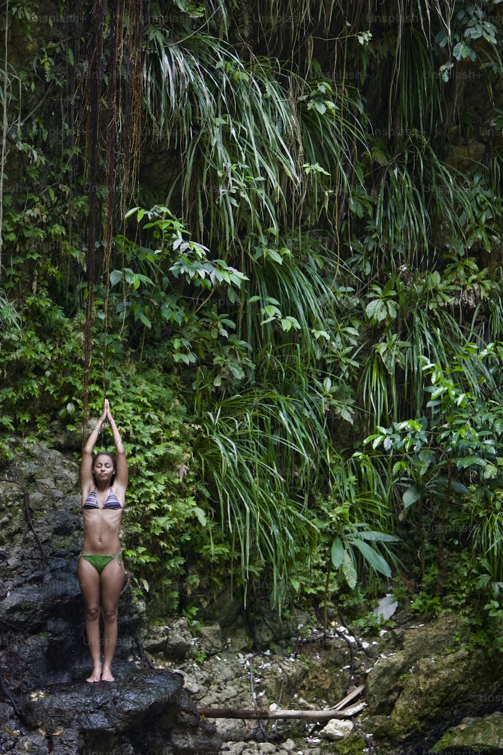 Una mujer en bikini parada sobre una roca en la selva