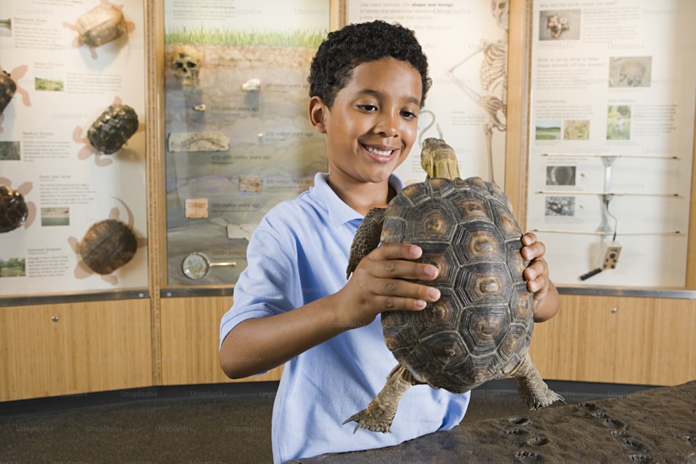 a young boy holding a turtle in a museum