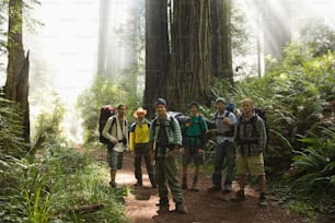 a group of people standing on a trail in the woods