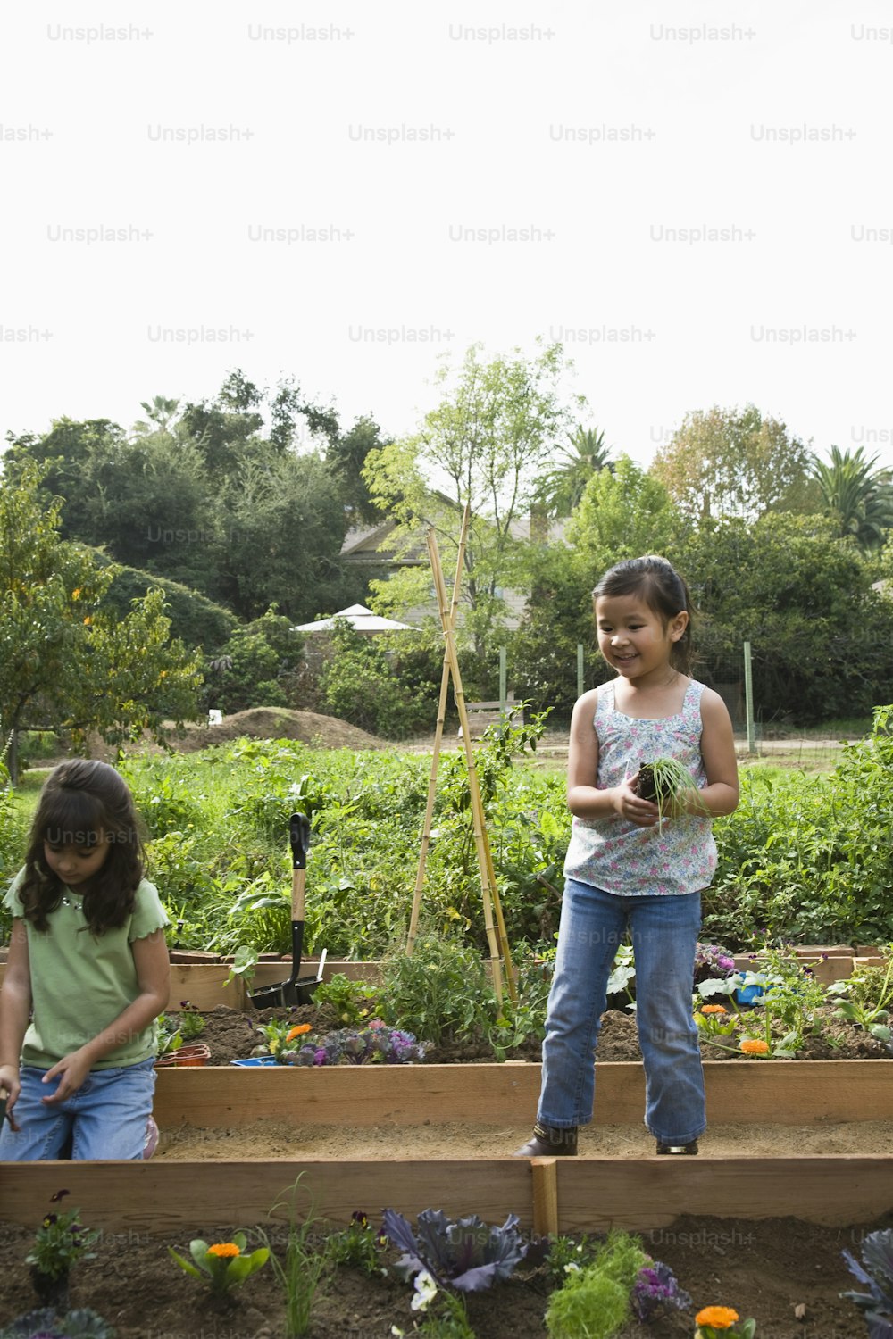 two young girls are standing in a garden