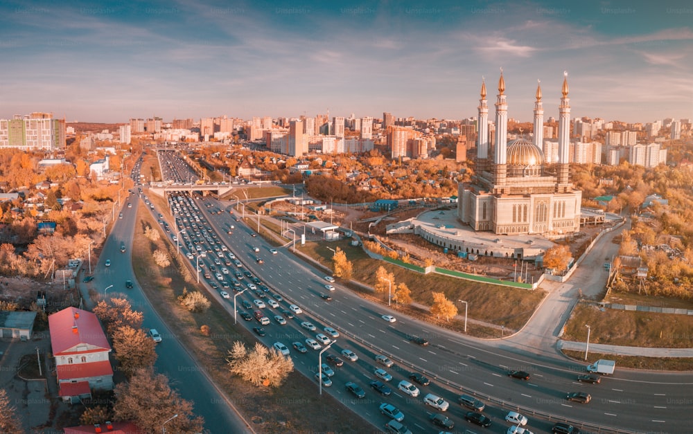 Aerial view of islamic mosque near a busy highway in Ufa. Sights and popular cities of Russia.