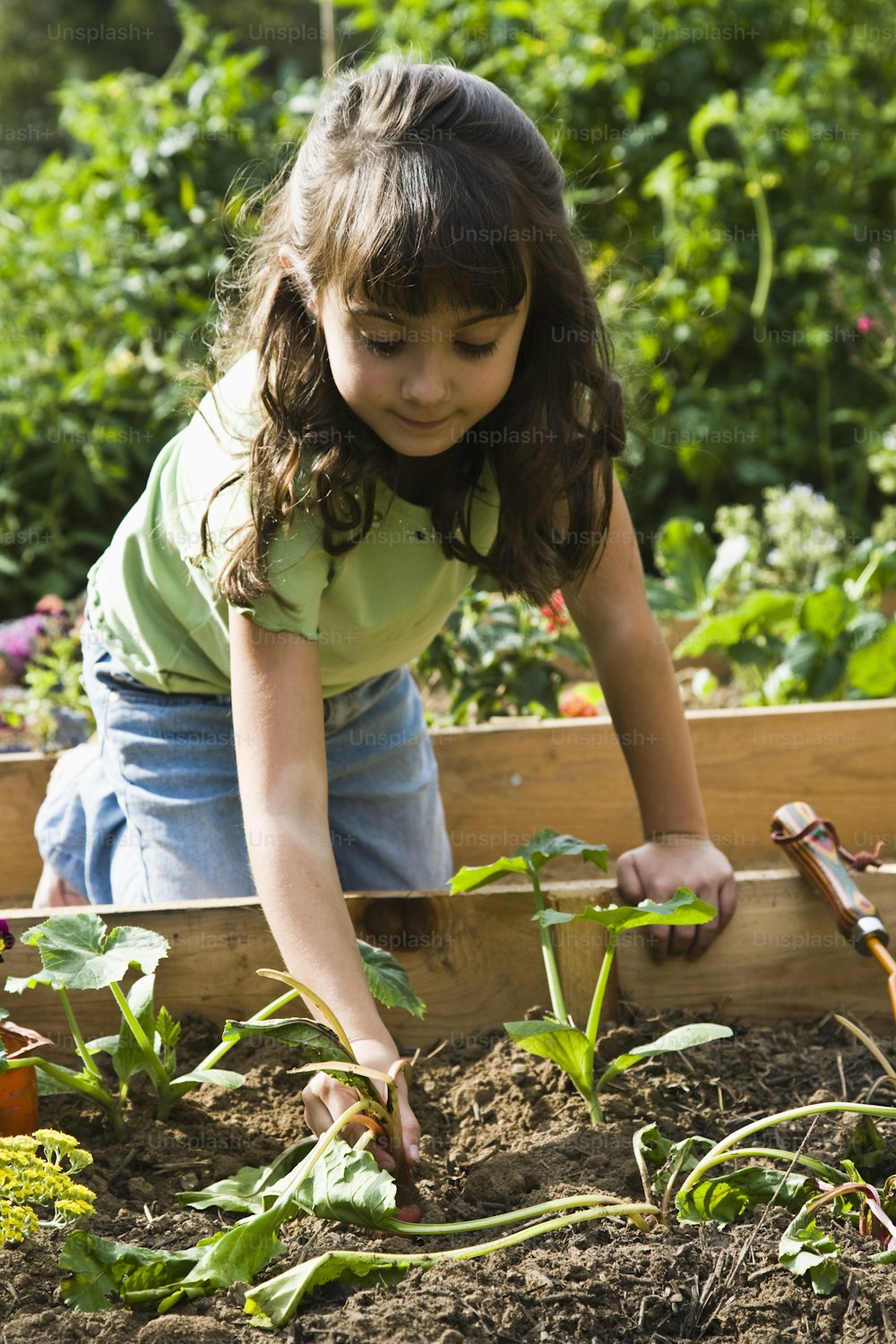 a little girl is digging in a garden