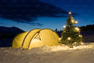 a tent in the snow next to a christmas tree