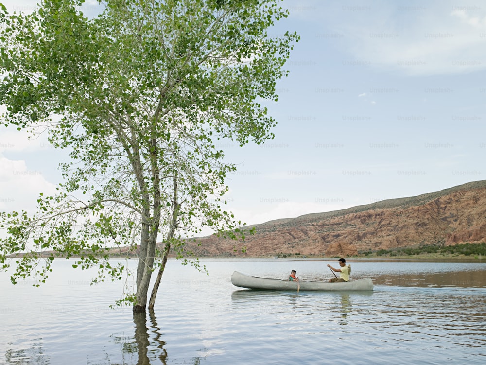 two people in a canoe on a lake