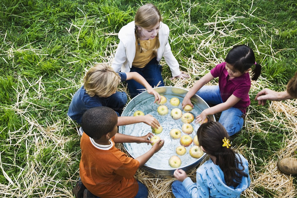 한 무리의 아이들이 도넛으로 채워진 금속 냄비 주위에 앉아 있다