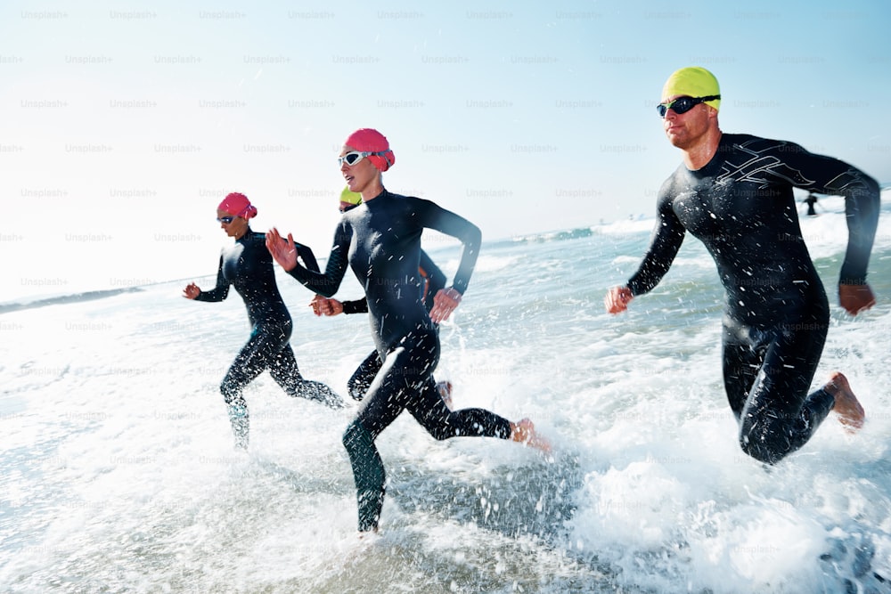 A group of athletes competing in a triathlon