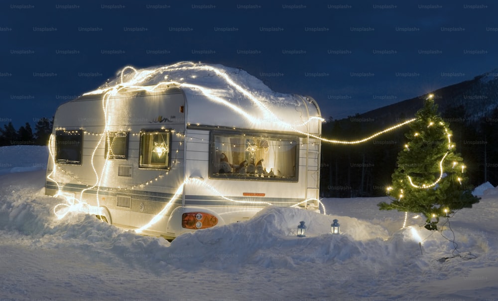 Festive Christmas camping in snow.