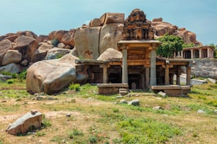 Ancient Vijayanagara Empire civilization ruins of Hampi now famous tourist attraction. Sule Bazaar, Hampi, Karnataka, India