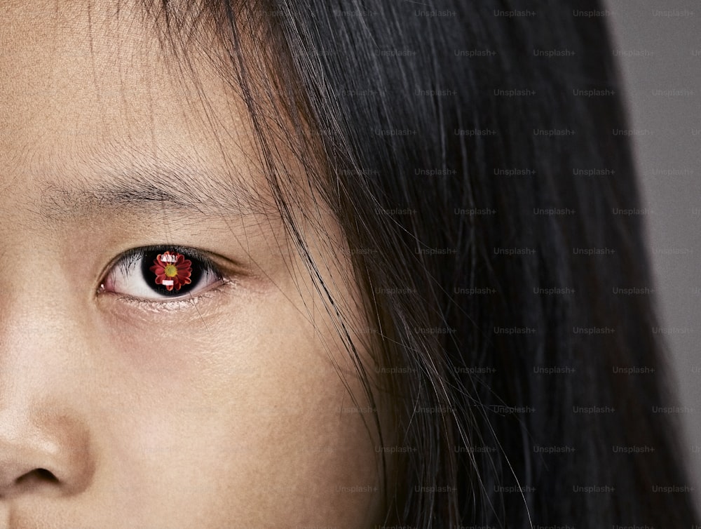 un gros plan du visage d’un enfant avec un œil rouge