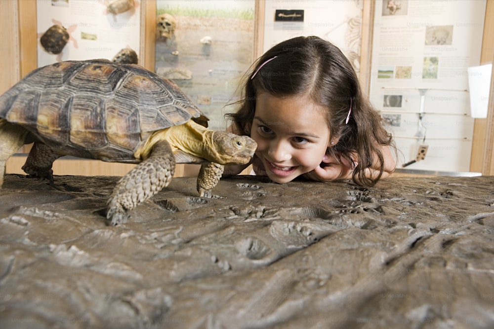 a little girl is playing with a turtle