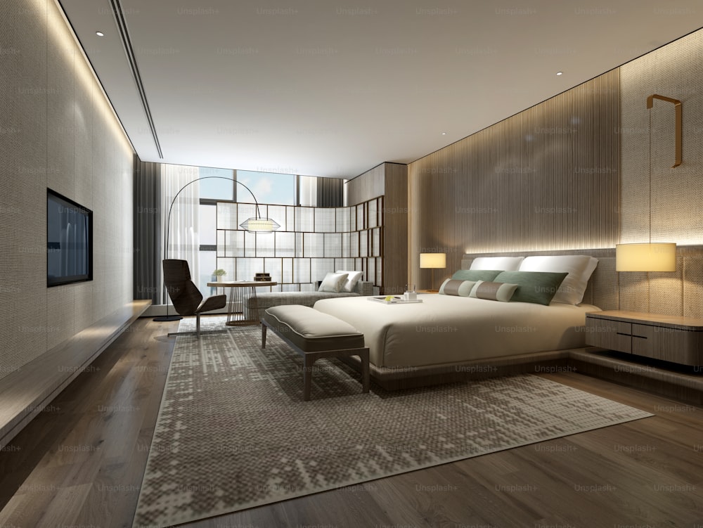 3D-Rendering des Luxus-Hotelzimmers mit Doppelbett