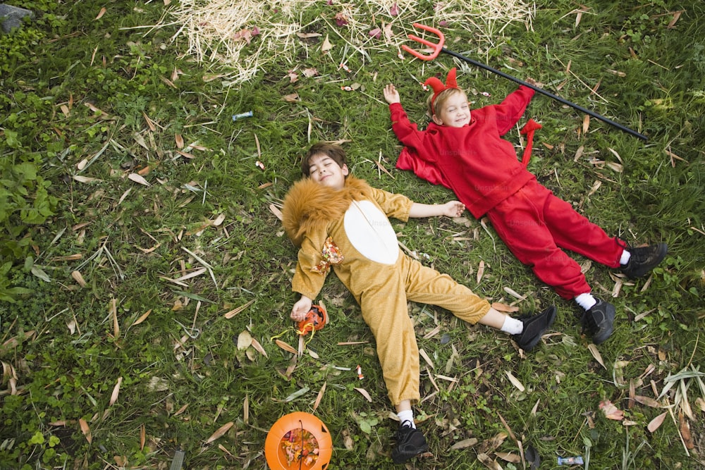 a couple of kids laying on top of a lush green field