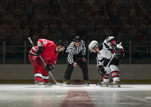 a group of people playing a game of ice hockey