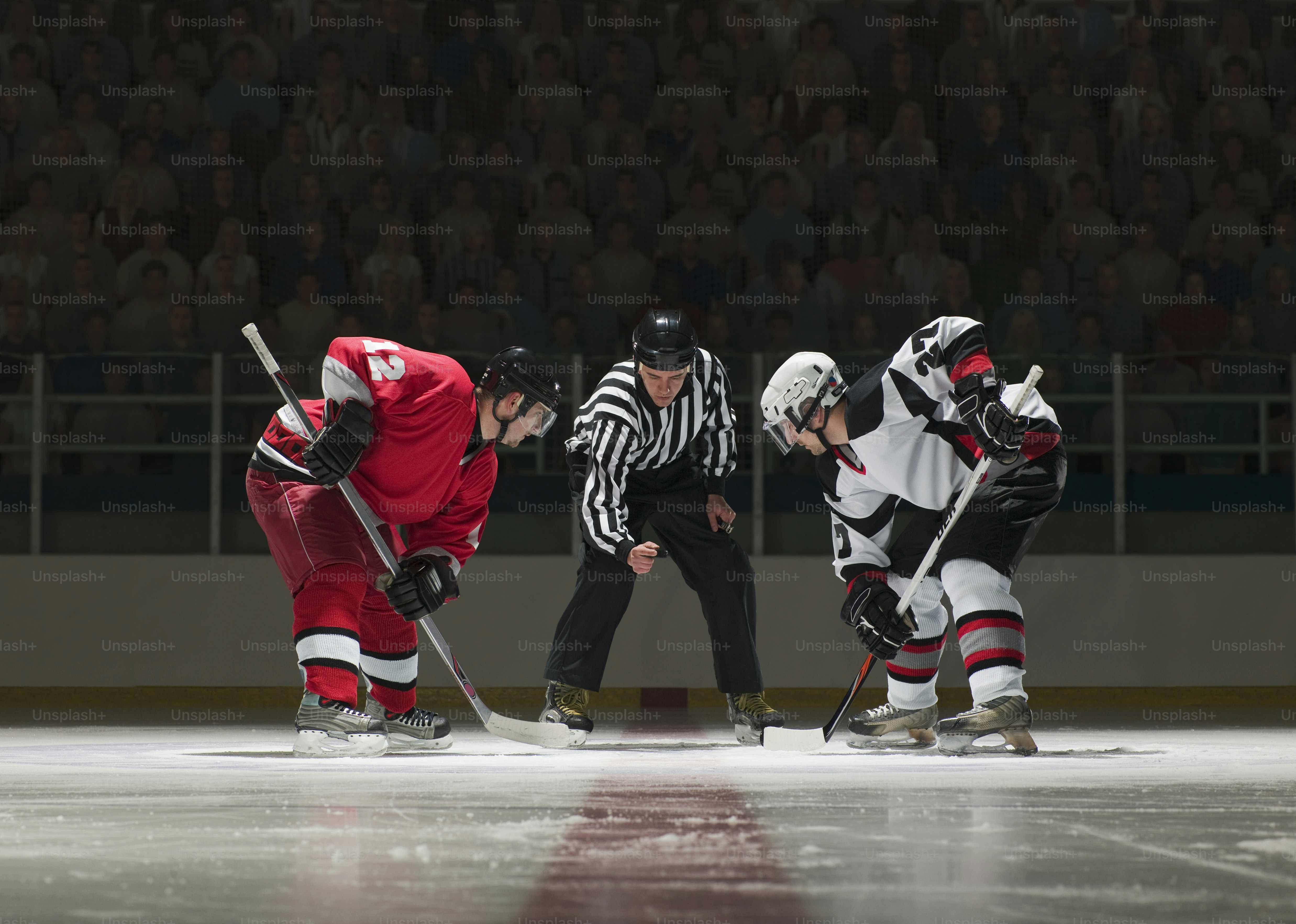 a group of people playing a game of ice hockey