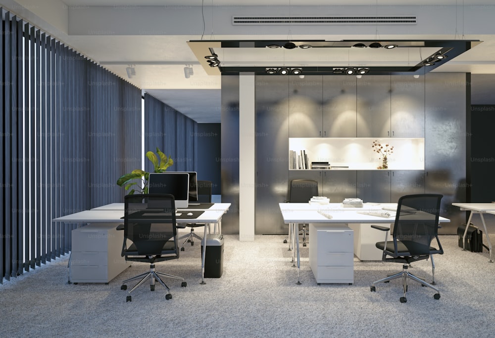 interni moderni per uffici. Concetto di rendering 3D