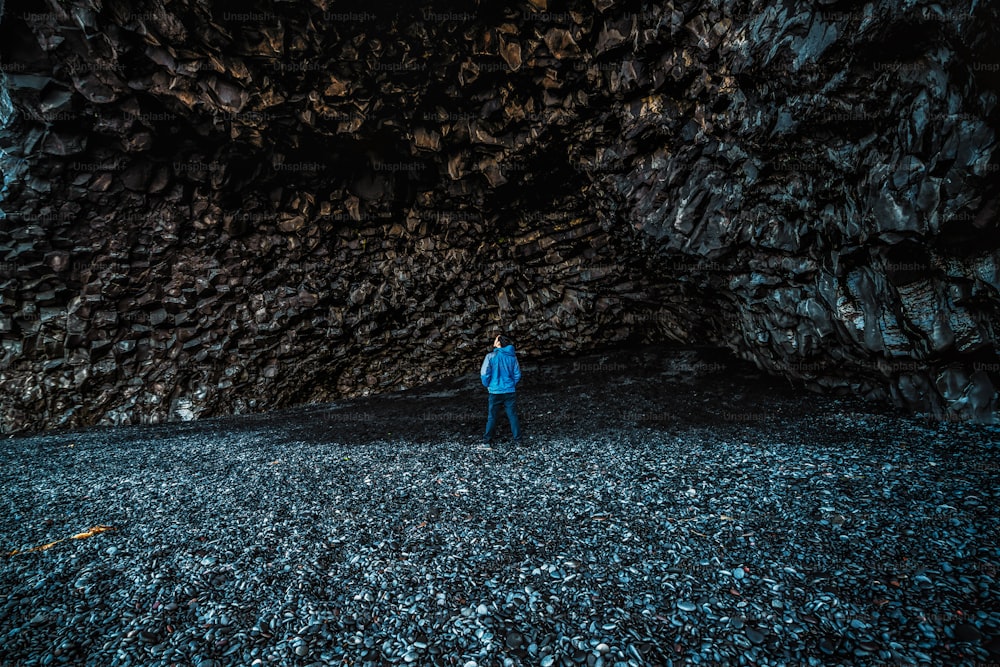 Volcanic black rock cave on Reynisdrangar beach in Vik, South Iceland.