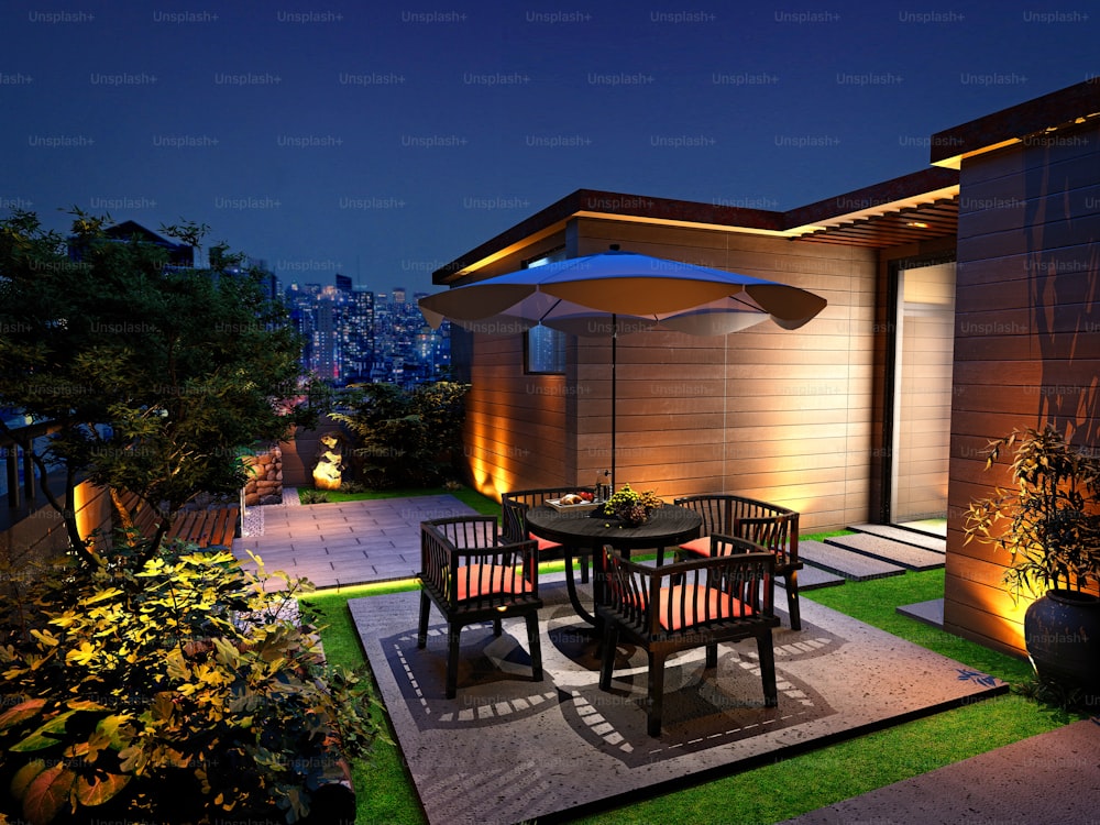 3d render house balcony terrace at night