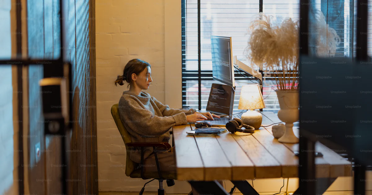 Young woman works on computers, sitting at workplace at cozy home ...