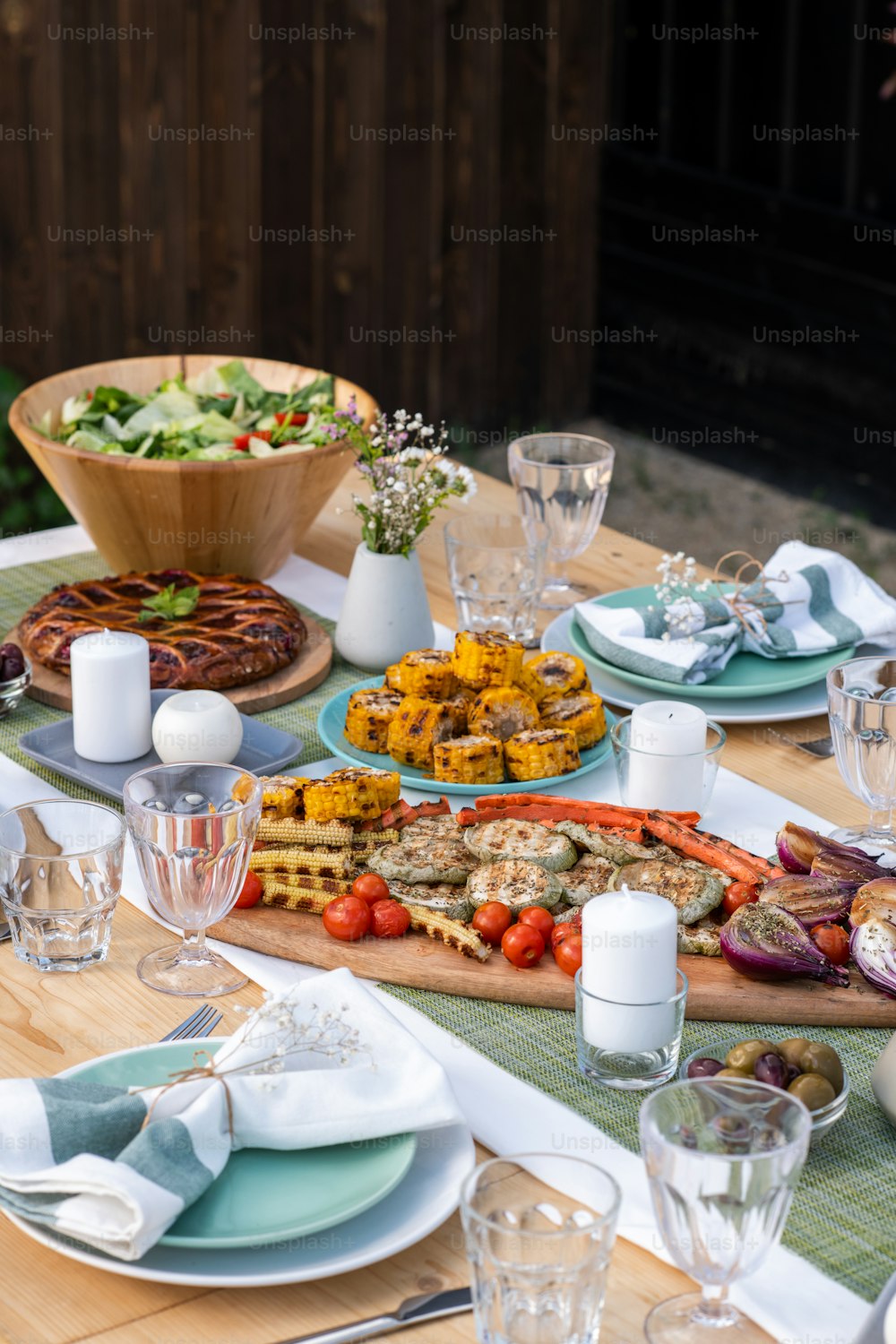 Variety of homemade vegetarian food on served table prepared for lunch