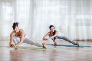 Two fit slim dedicated yogi girls in Side Lunge yoga pose. Yoga studio interior.