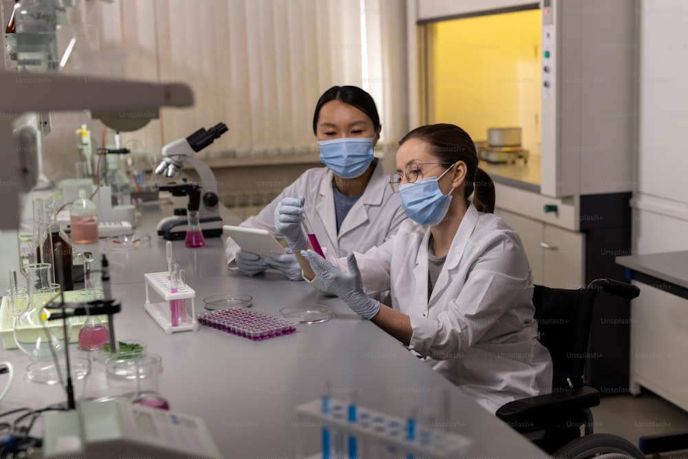 Mulher jovem em máscara examinando líquido em tubo de ensaio com seu colega sentado por perto e usando o tablet digital eles trabalhando juntos no laboratório