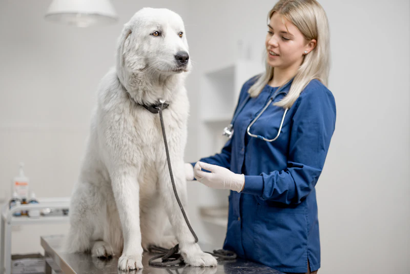 Veterinarian examining a large white dog on an exam table