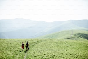 Couple walking with backpacks on the green meadow, traveling in the mountains during the summer time, wide landscape view