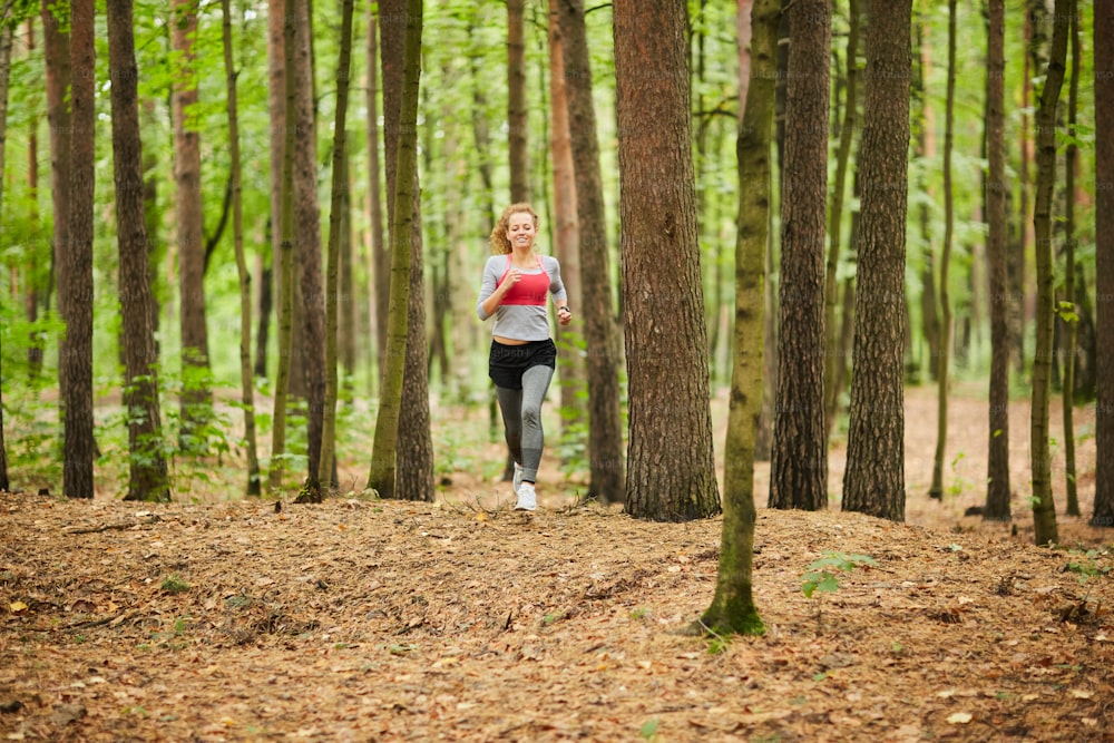 夏の朝にトレーニングしながら木々の間を森の小道を走る若いスポーツウ�ーマン