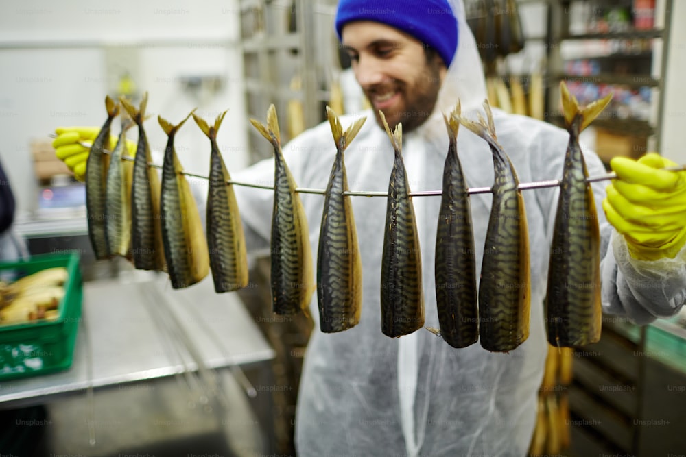 Appetitlich geräucherte Makrelen, die an Draht hängen, der von einem Mann in Uniform gehalten wird