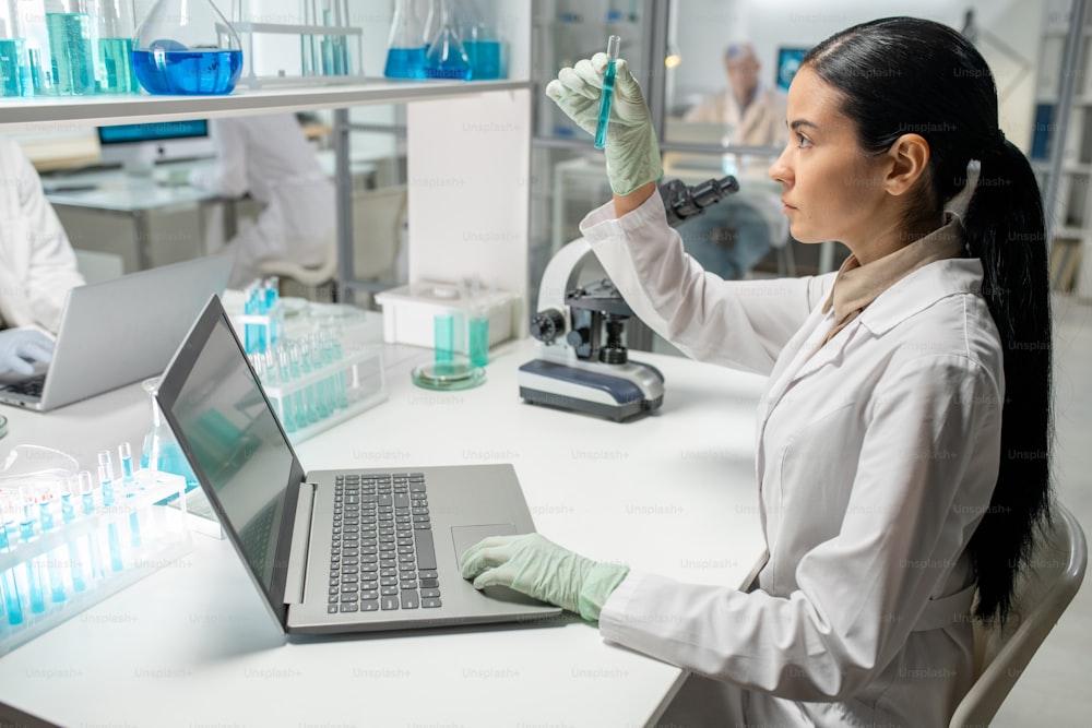흰 코트를 입은 젊은 진지한 여성 실험실 노동자가 노트북 앞에 직장에 앉아 플라스크에 담긴 파란색 액체를 보고 있다