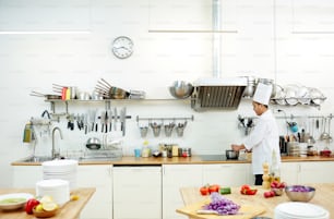 Chef of restaurant standing by electric stove and mixing ingredients of boiling stew in metallic pan