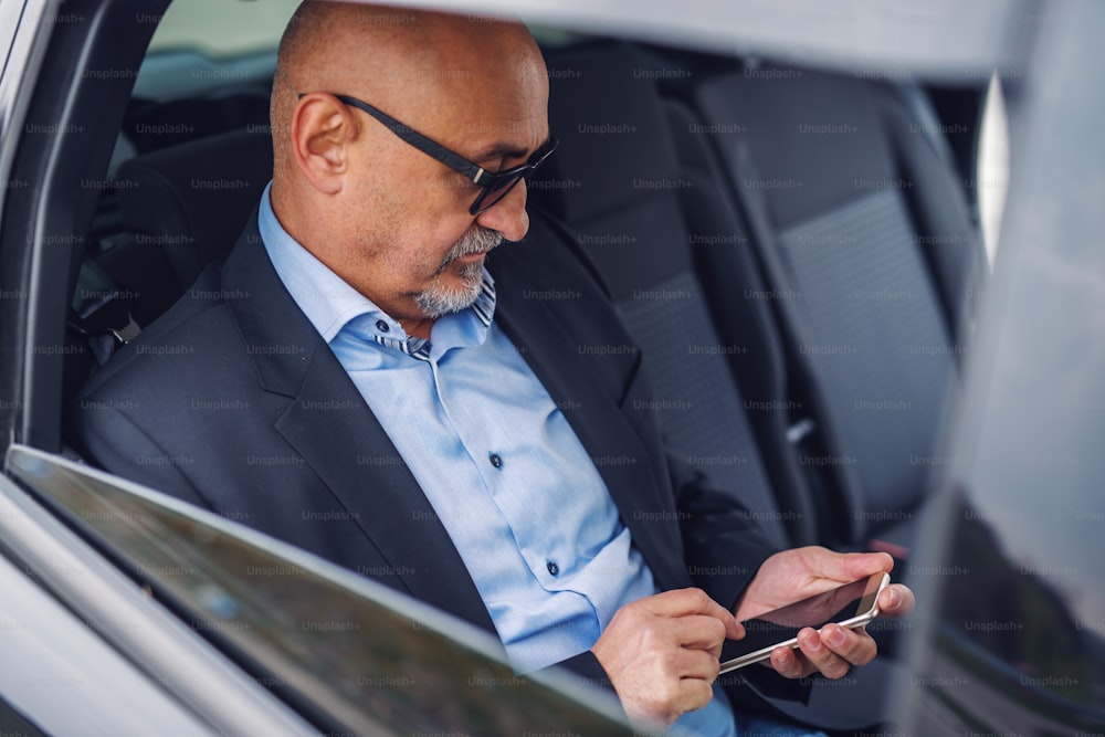 Serious senior businessman using smart phone for reading or writing message while sitting on backseat of his car.