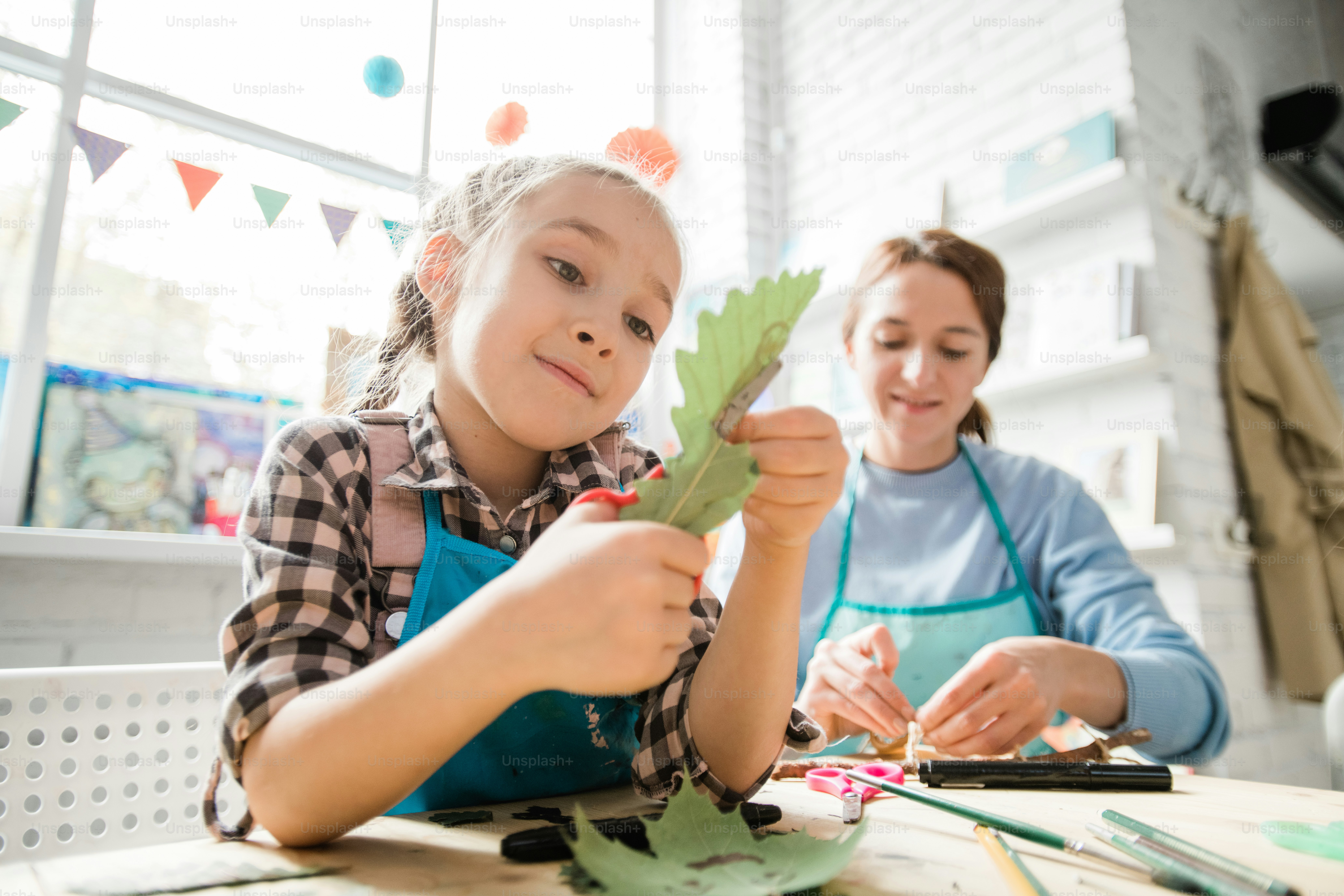 Cute schoolgirl with scissors cutting dry oak leaf while helping her teacher with decorations for holiday at lesson