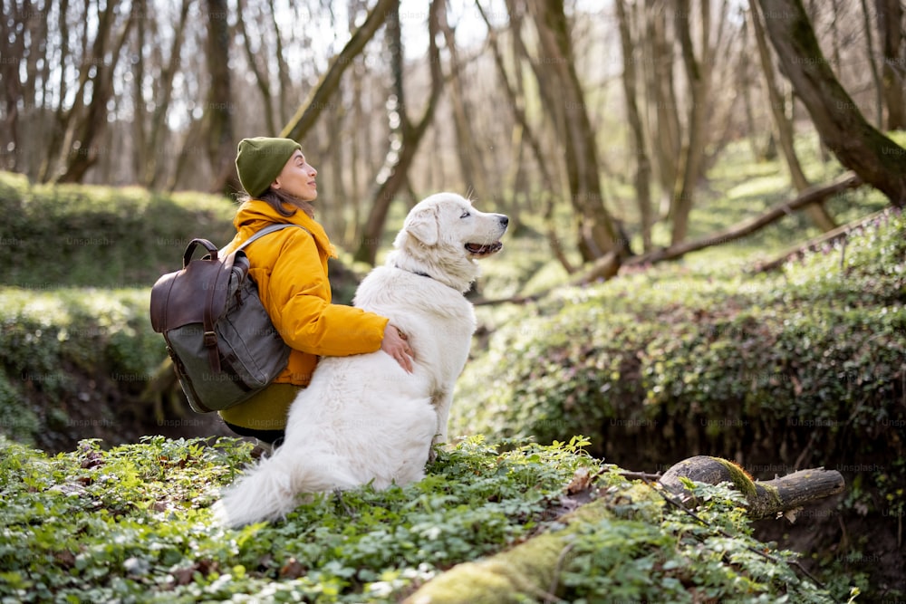 Young woman in hiking clothes and backpack sitting near big white dog in green spring forest. Enjoys and explore of tranquil nature. Look aside.