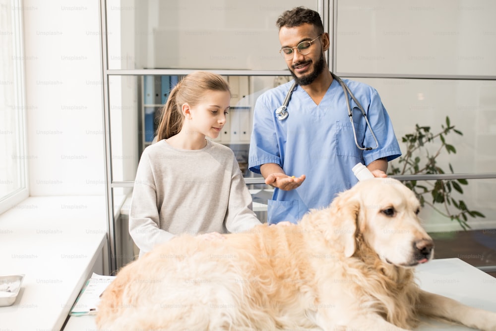 Joven médico veterinario seguro de sí mismo señalando al perro labrador mientras habla con una niña pequeña durante su visita a las clínicas