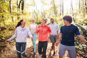 Small group of runners dressed in sportswear talking and walking through woods in autumn.