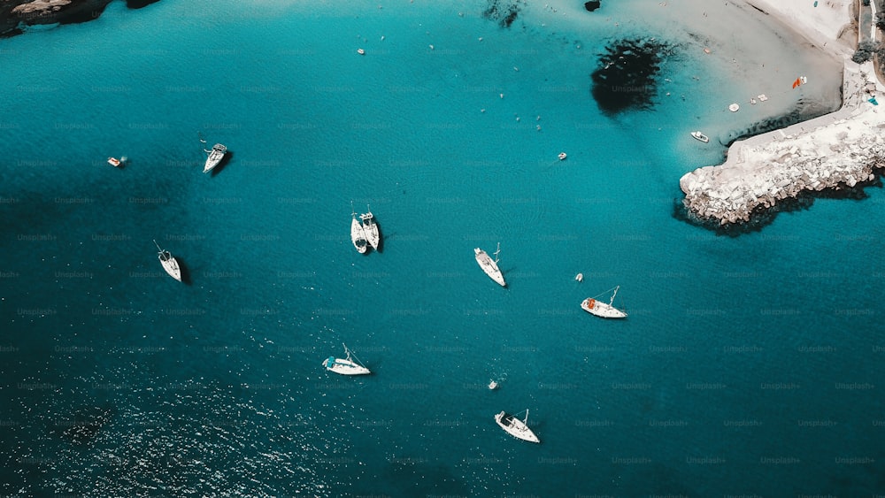 Aerial shot of beautiful blue lagoon at hot summer day with sailing boat. Top view.