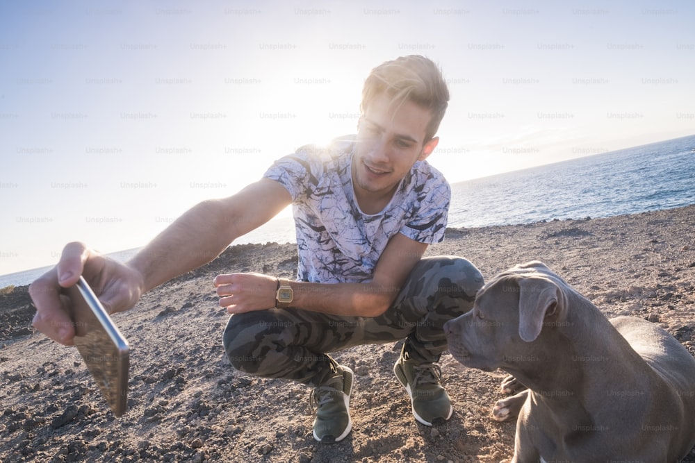 若い白人男性とグレイの美しいアムスタル犬が、屋外でスマートフォンで自分撮り写真を撮り、日差しの夕日を背景に親友 – 海と休暇のコンセプト