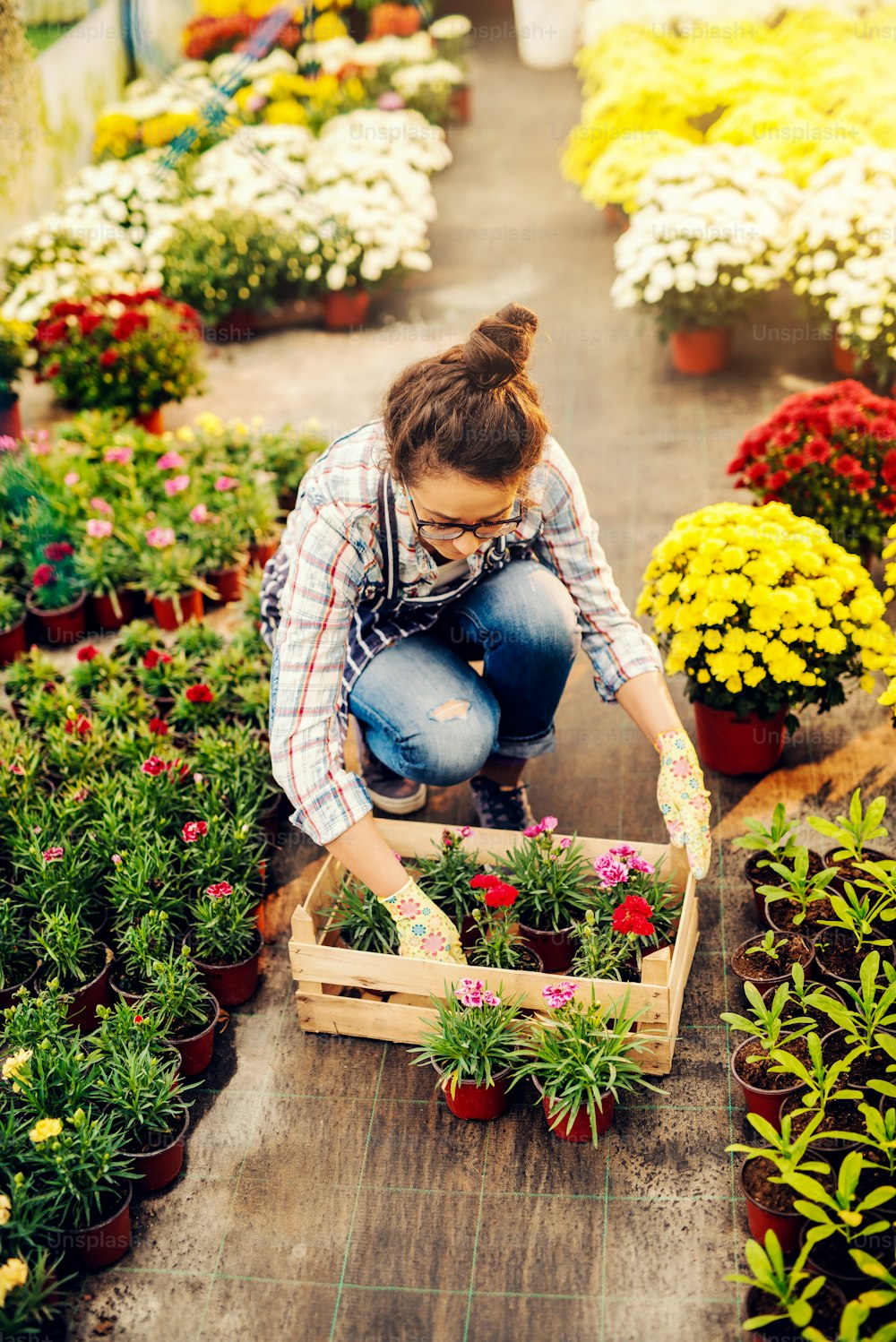Portrait of beautiful Caucasian florist kneeling and holding flowers in pots. Greenhouse interior.