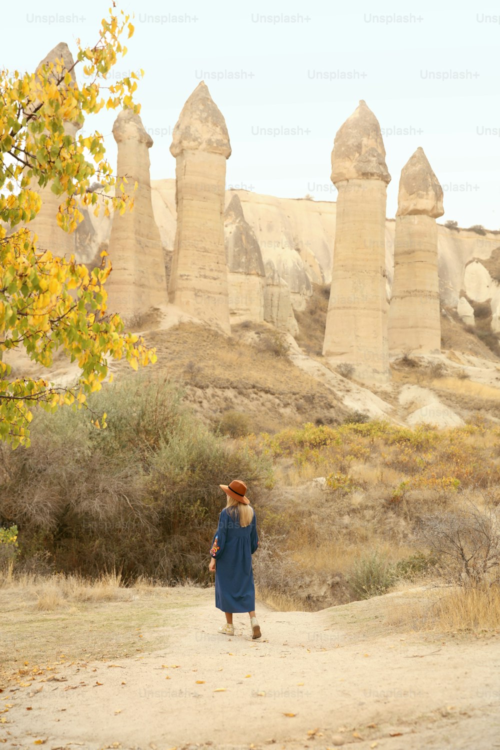 Viaggio. Bella donna in vestito e cappello che viaggia a Love Valley, esplorando la natura della Turchia della Cappadocia. Alta risoluzione