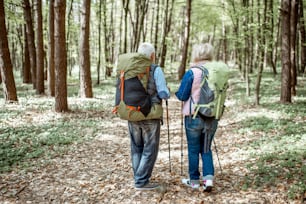 Beautiful senior couple hiking with backpacks and trekking sticks in the forest, back view Concept of active lifestyle on retirement