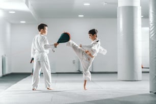 Dos jóvenes caucásicos en doboks entrenando taekwondo en el gimnasio. Un niño pateando mientras otro sosteniendo el objetivo de patada.
