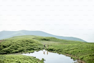 Hombre y mujer caminando cerca del lago en las montañas, vista del paisaje en el prado verde con lago durante el día soleado